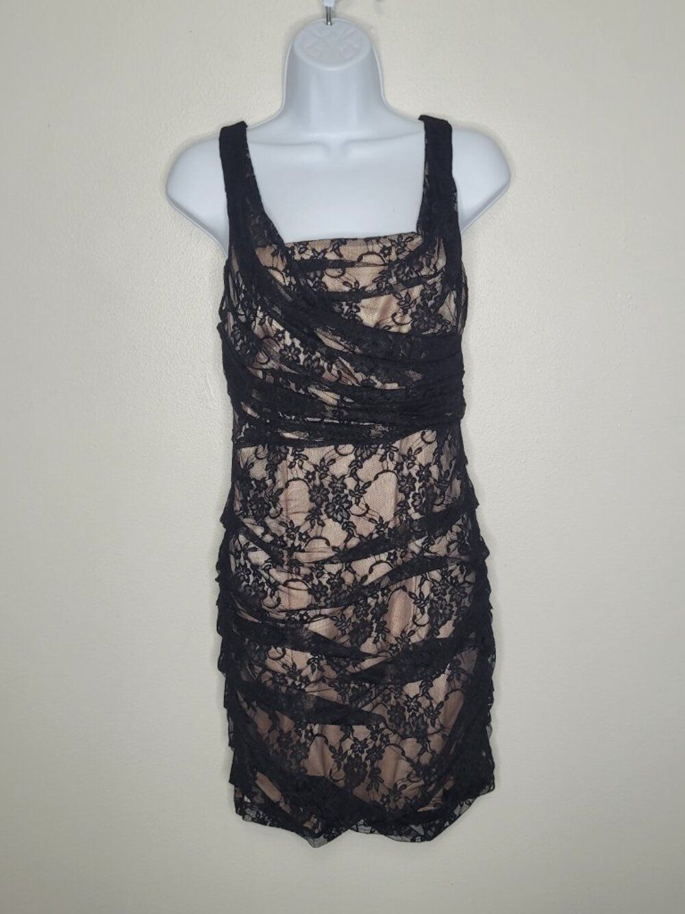Y2k Express black tan mesh lace party club ruched mini grunge dress size 4